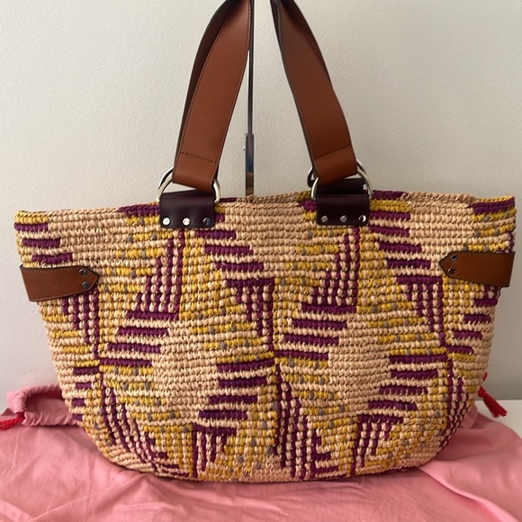 New ISABEL MARANT Bahiba Leather Trimmed Woven Raffia Tote Bag Handbag - Picture 7 of 10